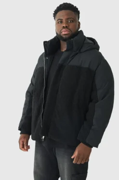 Online boohooMAN Plus Borg And Nylon Padded Coat In black