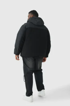 Online boohooMAN Plus Borg And Nylon Padded Coat In black