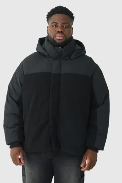 Online boohooMAN Plus Borg And Nylon Padded Coat In black