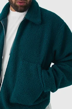 Store boohooMAN Plus Borg Harrington Jacket In teal