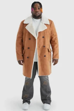New boohooMAN Plus Borg Lined Double Breasted Overcoat in tan