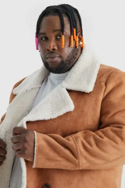 New boohooMAN Plus Borg Lined Double Breasted Overcoat in tan