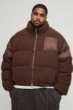 Best boohooMAN Plus Borg & Nylon Funnel Neck Puffer Jacket In chocolate