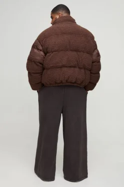 Best boohooMAN Plus Borg & Nylon Funnel Neck Puffer Jacket In chocolate