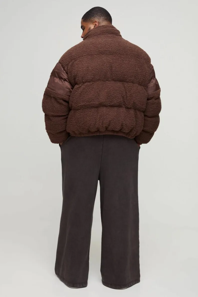 Best boohooMAN Plus Borg & Nylon Funnel Neck Puffer Jacket In chocolate