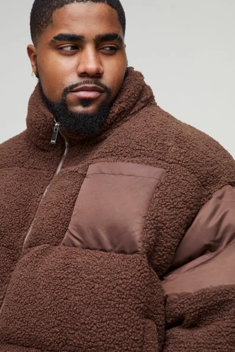 Best boohooMAN Plus Borg & Nylon Funnel Neck Puffer Jacket In chocolate