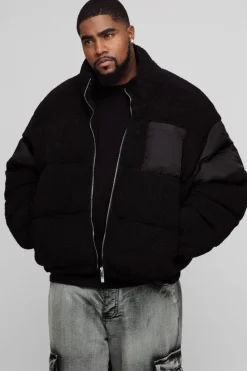 Online boohooMAN Plus Borg & Nylon Funnel Neck Puffer Jacket In black