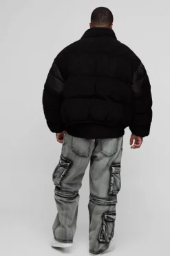 Online boohooMAN Plus Borg & Nylon Funnel Neck Puffer Jacket In black