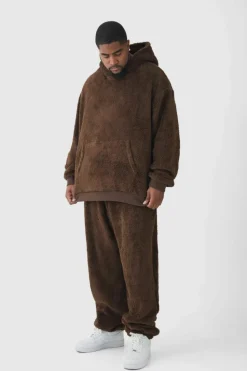 Best Sale boohooMAN Plus Borg Oversized Hooded Tracksuit chocolate