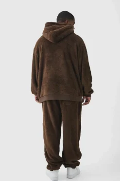 Best Sale boohooMAN Plus Borg Oversized Hooded Tracksuit chocolate