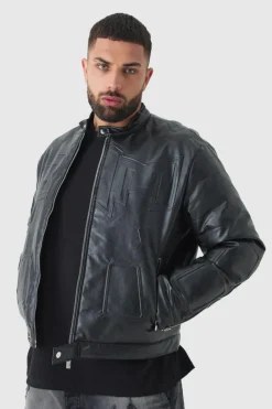 Discount boohooMAN Plus Boxy BHM PU Collarless Moto Biker Jacket In black