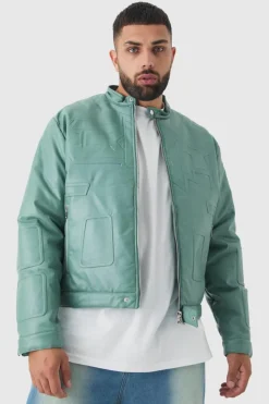 Fashion boohooMAN Plus Boxy BHM PU Collarless Moto Biker Jacket In sage