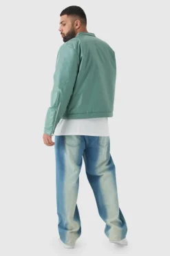 Fashion boohooMAN Plus Boxy BHM PU Collarless Moto Biker Jacket In sage
