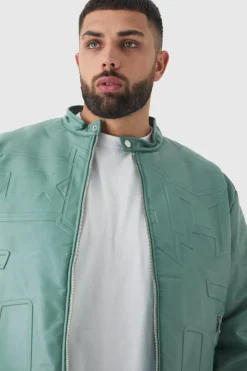Fashion boohooMAN Plus Boxy BHM PU Collarless Moto Biker Jacket In sage