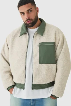Hot boohooMAN Plus Boxy Borg And Nylon Collared Bomber Jacket In ecru