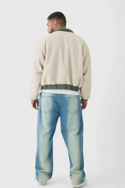 Hot boohooMAN Plus Boxy Borg And Nylon Collared Bomber Jacket In ecru