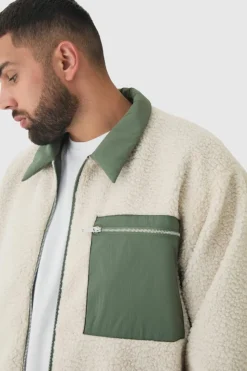 Hot boohooMAN Plus Boxy Borg And Nylon Collared Bomber Jacket In ecru