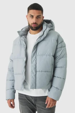 Clearance boohooMAN Plus Boxy Crinkle Nylon Puffer Jacket In light grey