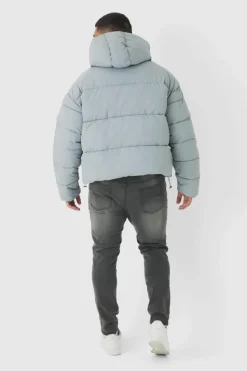 Clearance boohooMAN Plus Boxy Crinkle Nylon Puffer Jacket In light grey