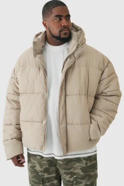 Clearance boohooMAN Plus Boxy Crinkle Nylon Puffer Jacket In sand