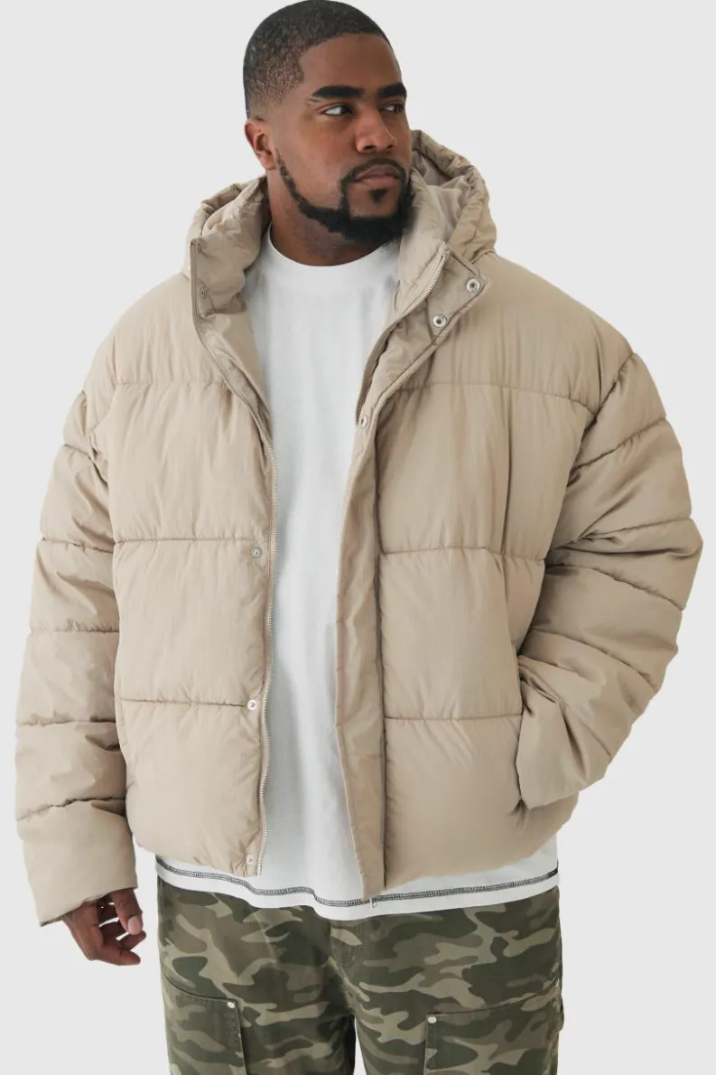Clearance boohooMAN Plus Boxy Crinkle Nylon Puffer Jacket In sand