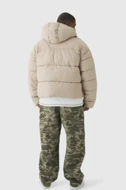 Clearance boohooMAN Plus Boxy Crinkle Nylon Puffer Jacket In sand