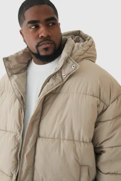 Clearance boohooMAN Plus Boxy Crinkle Nylon Puffer Jacket In sand