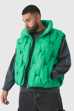 Hot boohooMAN Plus Boxy Fit Hand Weft Padded Gilet In green