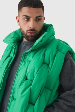 Hot boohooMAN Plus Boxy Fit Hand Weft Padded Gilet In green