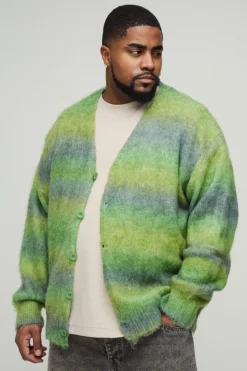 Cheap boohooMAN Plus Boxy Fit Knitted Brushed Stripe Cardigan green