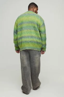 Cheap boohooMAN Plus Boxy Fit Knitted Brushed Stripe Cardigan green