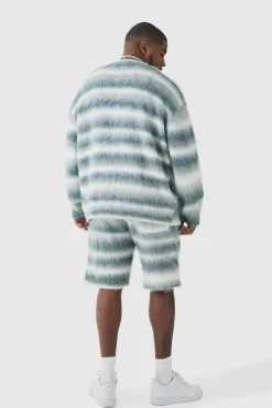 Fashion boohooMAN Plus Boxy Fit Knitted Brushed Stripe Cardigan grey