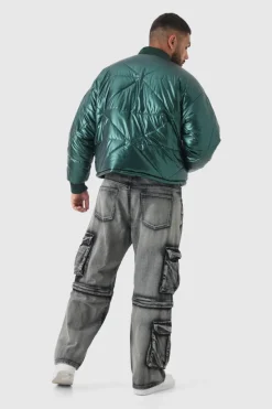 Best boohooMAN Plus Boxy Metallic Abstract Quilted Bomber Jacket In green