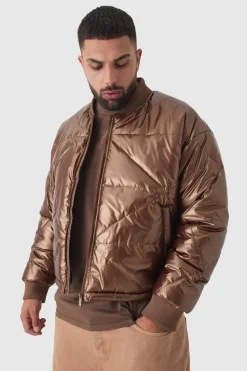 Best boohooMAN Plus Boxy Metallic Abstract Quilted Bomber Jacket In tan