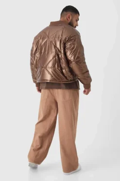 Best boohooMAN Plus Boxy Metallic Abstract Quilted Bomber Jacket In tan