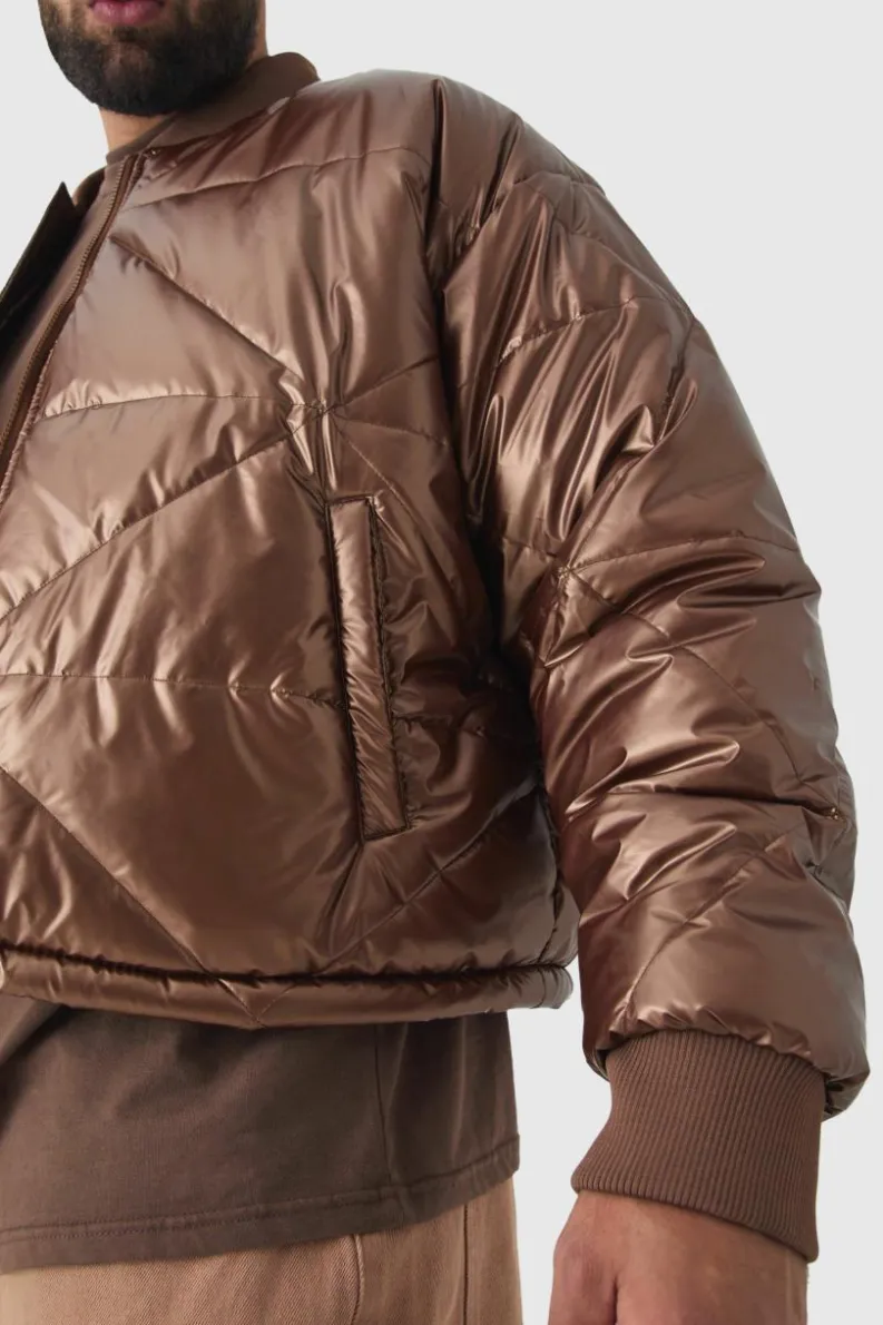 Best boohooMAN Plus Boxy Metallic Abstract Quilted Bomber Jacket In tan