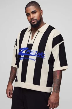 Cheap boohooMAN Plus Boxy Moto Stripe Knitted Polo black