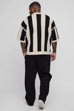 Cheap boohooMAN Plus Boxy Moto Stripe Knitted Polo black