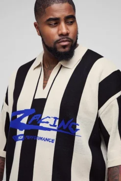 Cheap boohooMAN Plus Boxy Moto Stripe Knitted Polo black