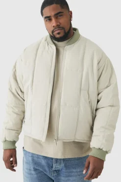 Cheap boohooMAN Plus Boxy Quilted Bomber Jacket In stone