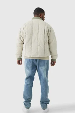 Cheap boohooMAN Plus Boxy Quilted Bomber Jacket In stone