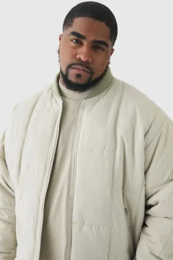 Cheap boohooMAN Plus Boxy Quilted Bomber Jacket In stone