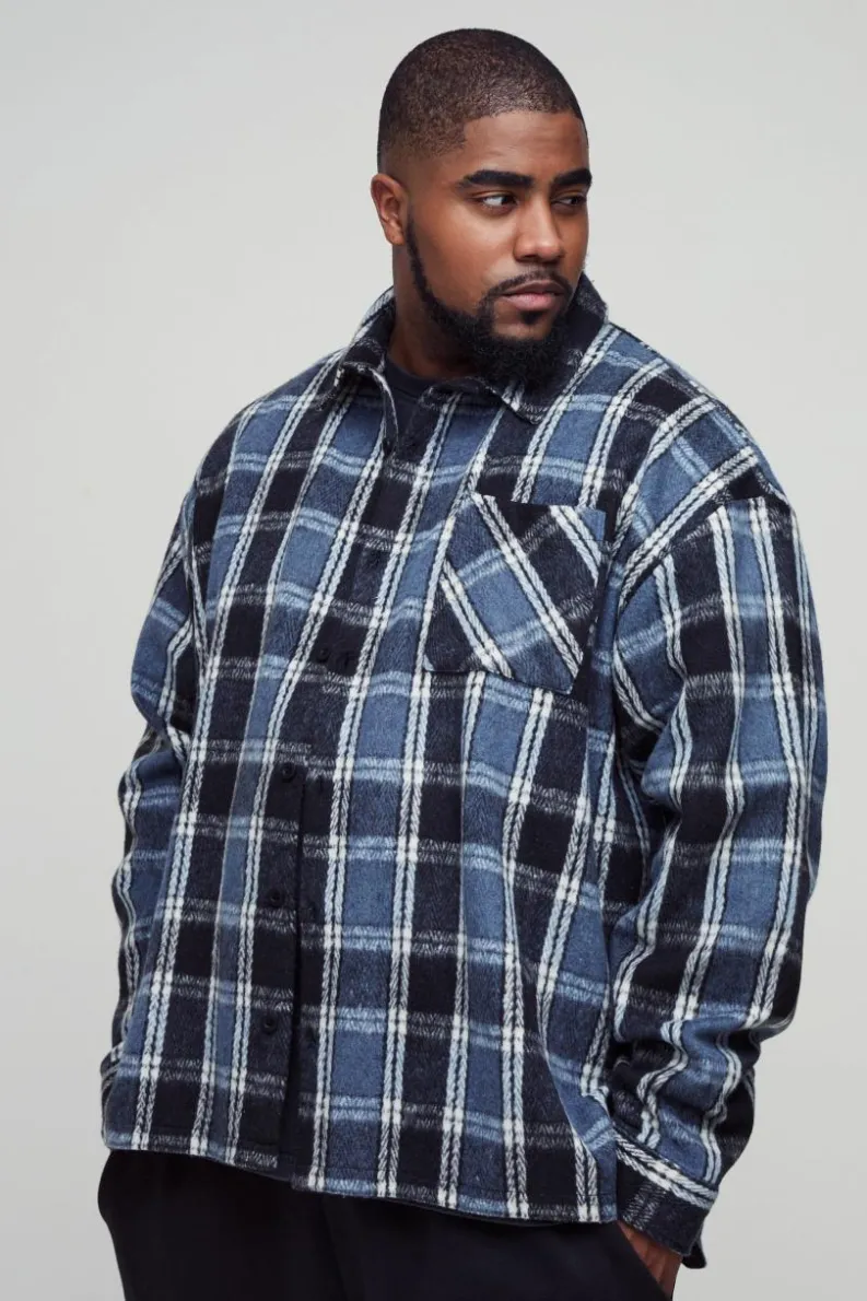 Cheap boohooMAN Plus Boxy Split Hem Brushed Check Overshirt blue