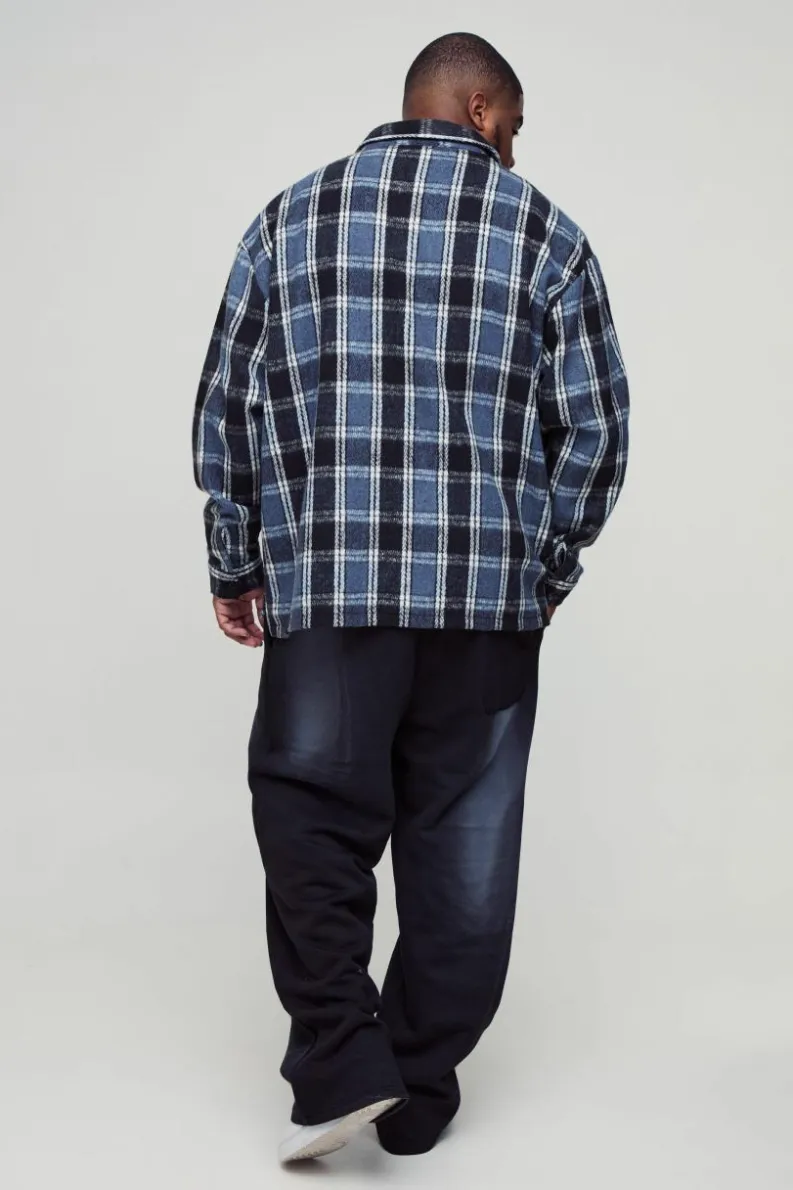 Cheap boohooMAN Plus Boxy Split Hem Brushed Check Overshirt blue