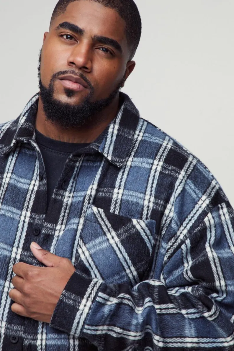 Cheap boohooMAN Plus Boxy Split Hem Brushed Check Overshirt blue