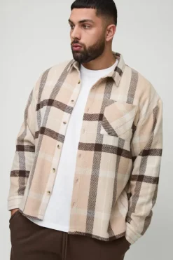 Outlet boohooMAN Plus Boxy Split Hem Brushed Check Overshirt multi