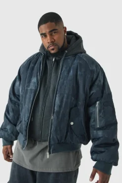 Cheap boohooMAN Plus Boxy Washed Padded Hooded Bomber Jacket In black