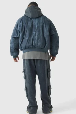 Cheap boohooMAN Plus Boxy Washed Padded Hooded Bomber Jacket In black