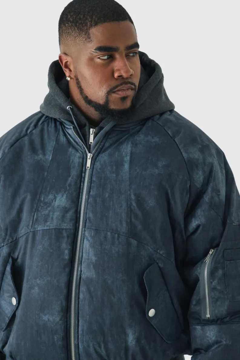 Cheap boohooMAN Plus Boxy Washed Padded Hooded Bomber Jacket In black