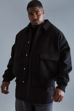 Online boohooMAN Plus Boxy Wool Look Harrington Jacket in black